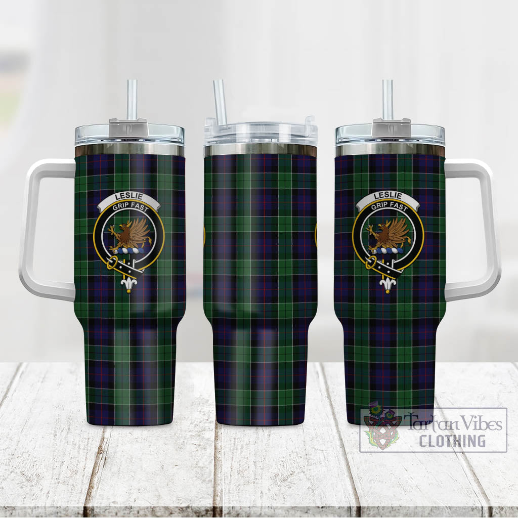 Tartan Vibes Clothing Leslie Hunting Tartan and Family Crest Tumbler with Handle