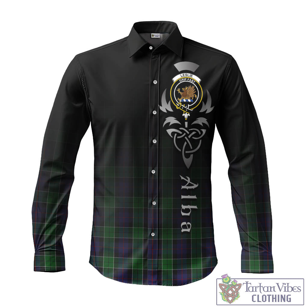Tartan Vibes Clothing Leslie Hunting Tartan Long Sleeve Button Up Featuring Alba Gu Brath Family Crest Celtic Inspired