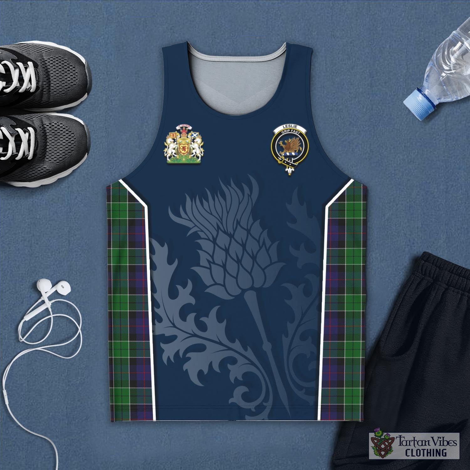 Tartan Vibes Clothing Leslie Hunting Tartan Men's Tanks Top with Family Crest and Scottish Thistle Vibes Sport Style