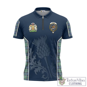 Leslie Hunting Ancient Tartan Zipper Polo Shirt with Family Crest and Scottish Thistle Vibes Sport Style