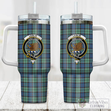 Leslie Hunting Ancient Tartan and Family Crest Tumbler with Handle
