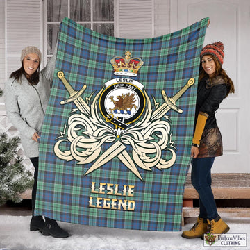 Leslie Hunting Ancient Tartan Blanket with Clan Crest and the Golden Sword of Courageous Legacy