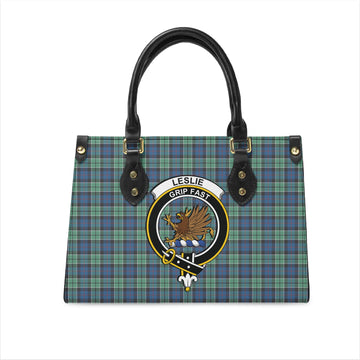 Leslie Hunting Ancient Tartan Leather Bag with Family Crest
