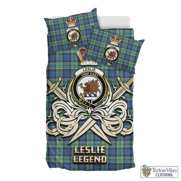 Leslie Hunting Ancient Tartan Bedding Set with Clan Crest and the Golden Sword of Courageous Legacy