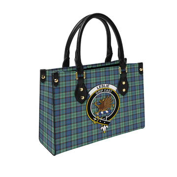 Leslie Hunting Ancient Tartan Leather Bag with Family Crest