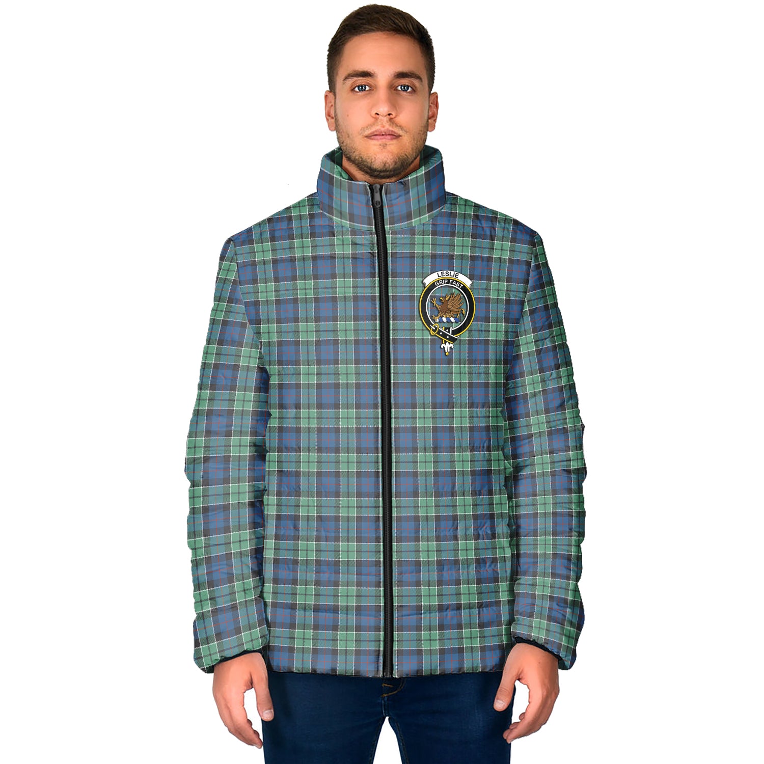 Leslie Hunting Ancient Tartan Padded Jacket with Family Crest - Tartanvibesclothing