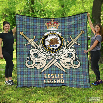 Leslie Hunting Ancient Tartan Quilt with Clan Crest and the Golden Sword of Courageous Legacy