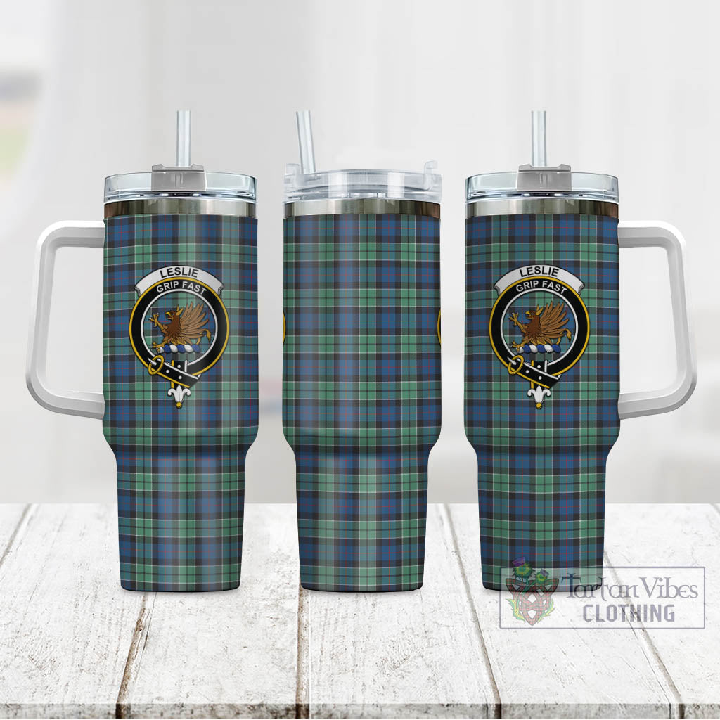 Tartan Vibes Clothing Leslie Hunting Ancient Tartan and Family Crest Tumbler with Handle