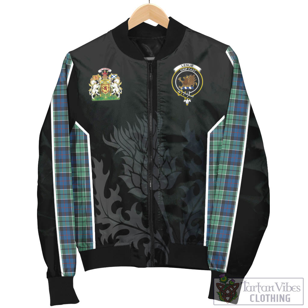 Tartan Vibes Clothing Leslie Hunting Ancient Tartan Bomber Jacket with Family Crest and Scottish Thistle Vibes Sport Style