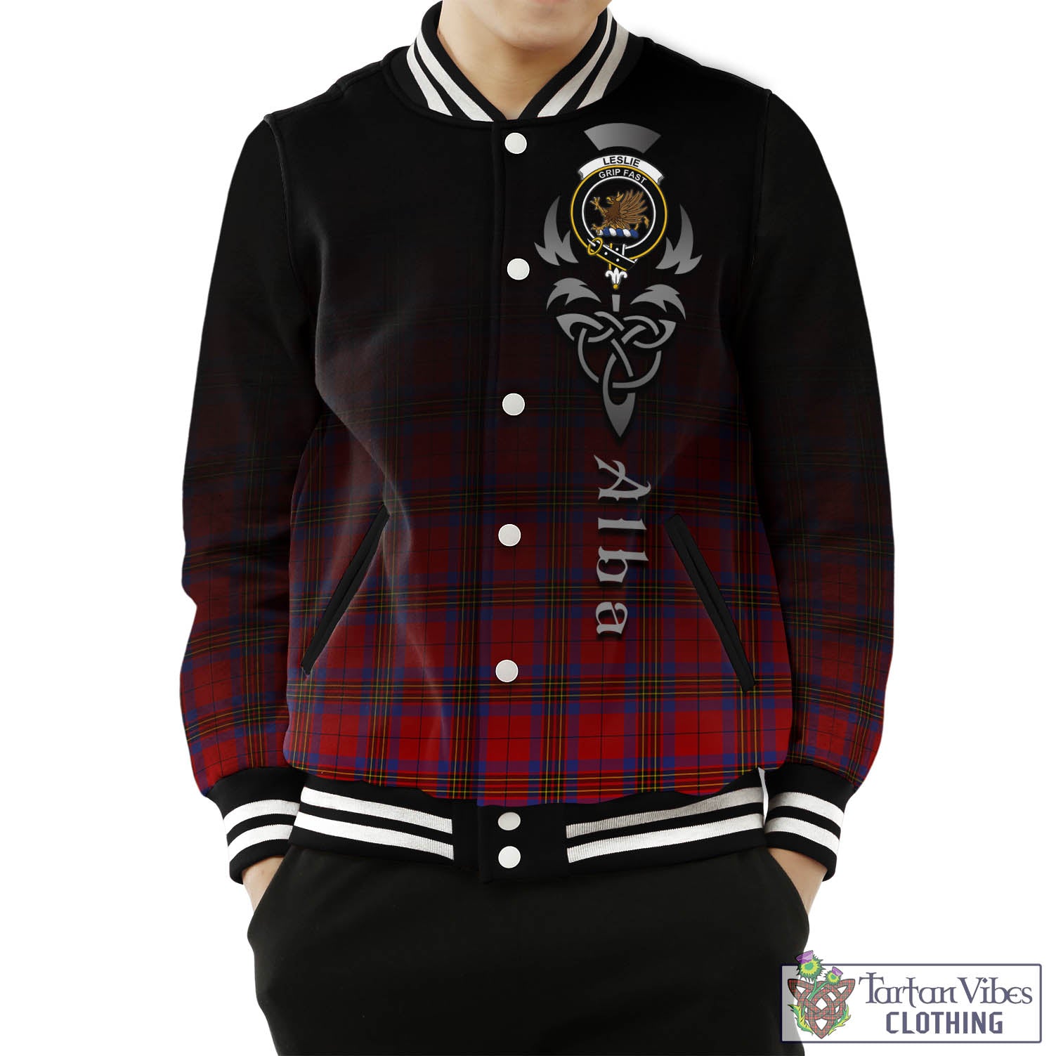 Tartan Vibes Clothing Leslie Modern Tartan Baseball Jacket Featuring Alba Gu Brath Family Crest Celtic Inspired