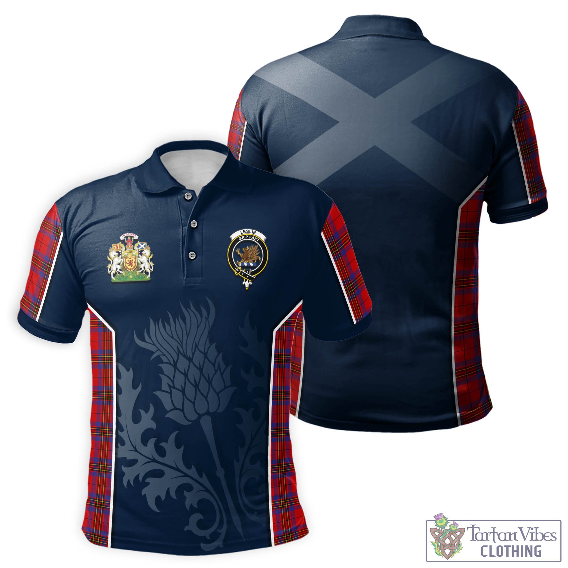 Tartan Vibes Clothing Leslie Modern Tartan Men's Polo Shirt with Family Crest and Scottish Thistle Vibes Sport Style
