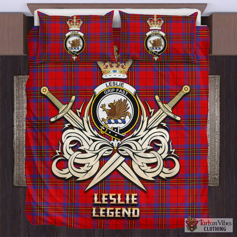 Tartan Vibes Clothing Leslie Modern Tartan Bedding Set with Clan Crest and the Golden Sword of Courageous Legacy