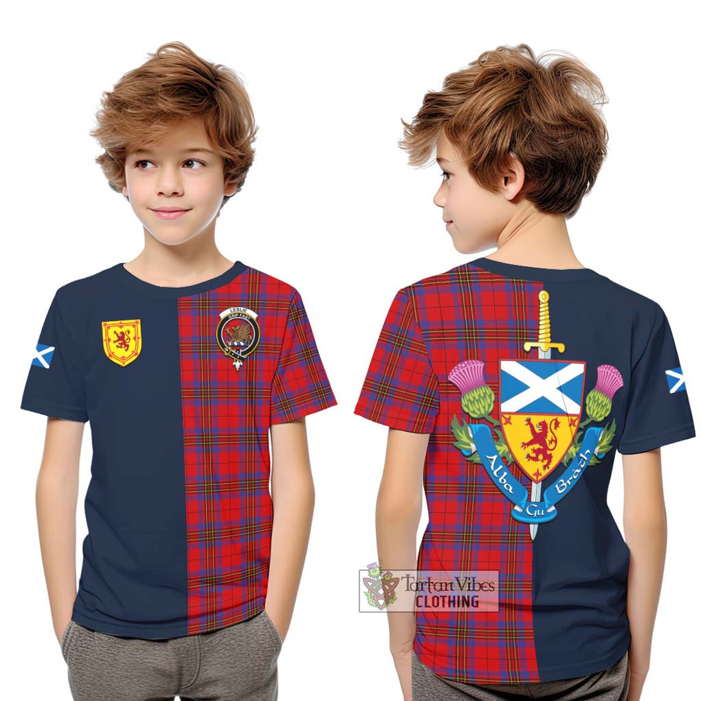 Tartan Vibes Clothing Leslie Modern Tartan Kid T-Shirt with Scottish Lion Royal Arm Half Style