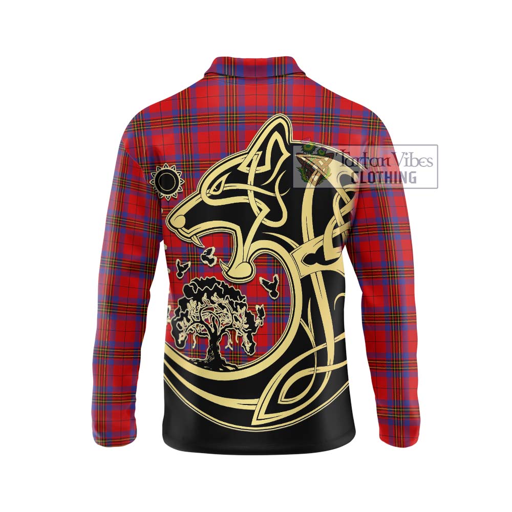 Leslie Tartan Long Sleeve Polo Shirt with Family Crest Celtic Wolf Style - Tartan Vibes Clothing