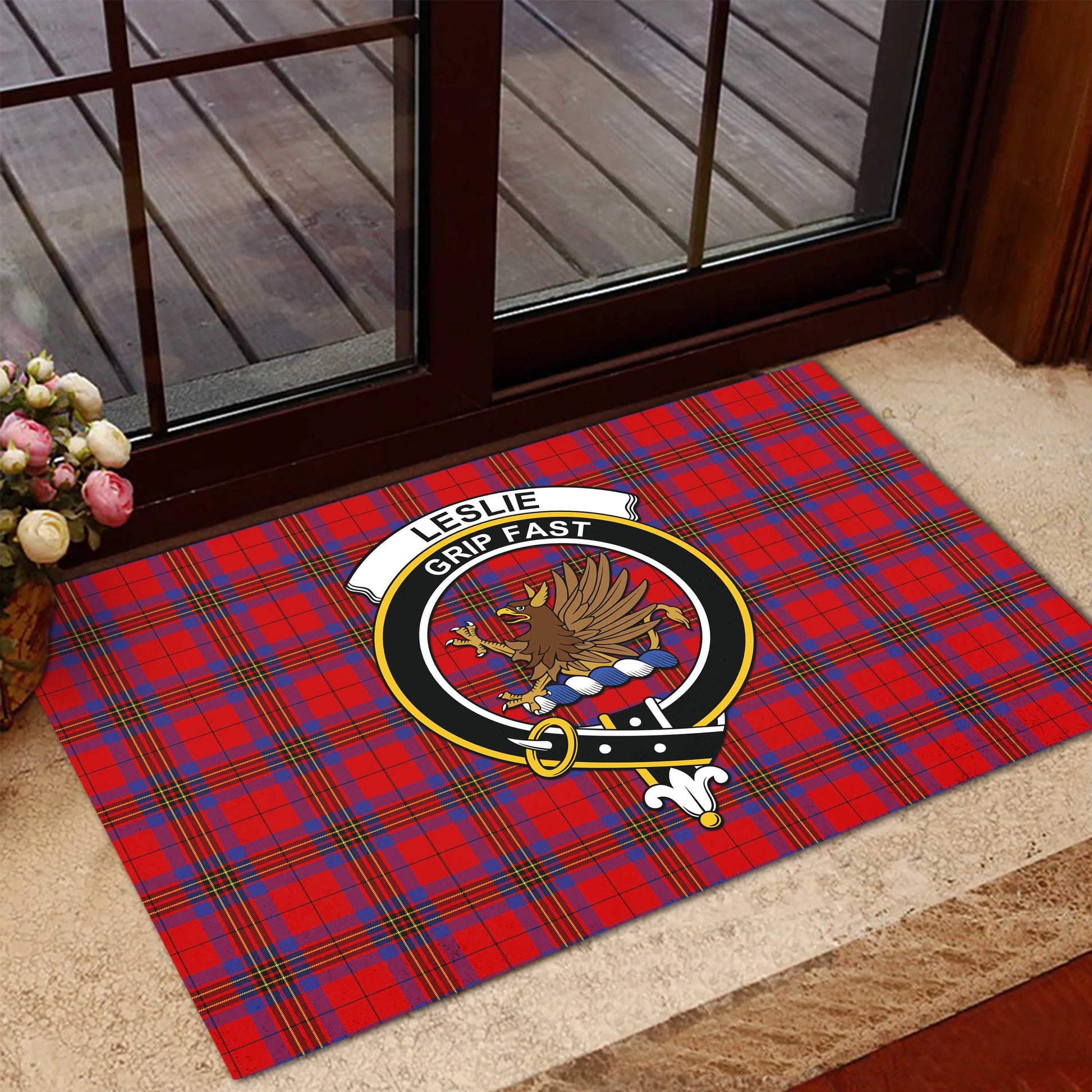 Leslie Modern Tartan Door Mat with Family Crest - Tartanvibesclothing