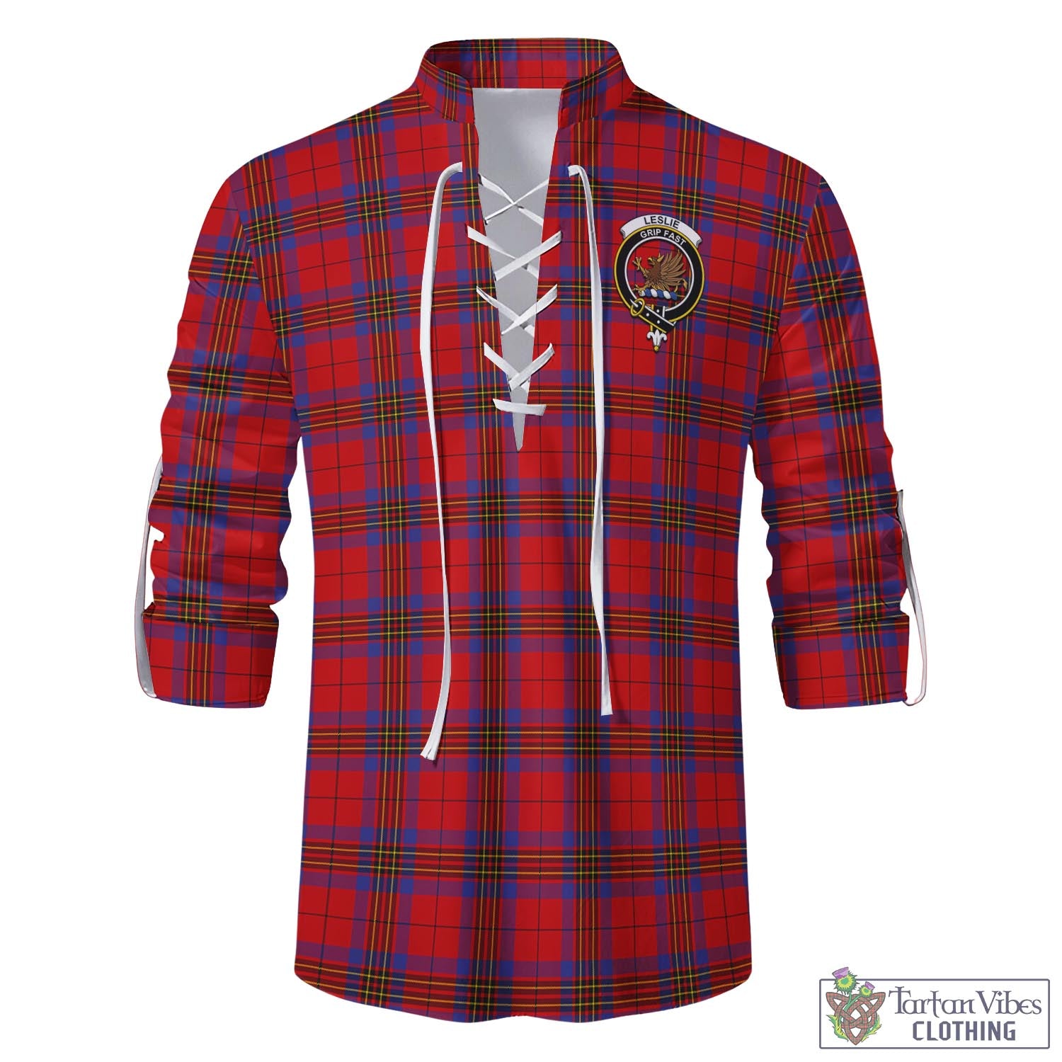 Tartan Vibes Clothing Leslie Modern Tartan Men's Scottish Traditional Jacobite Ghillie Kilt Shirt with Family Crest