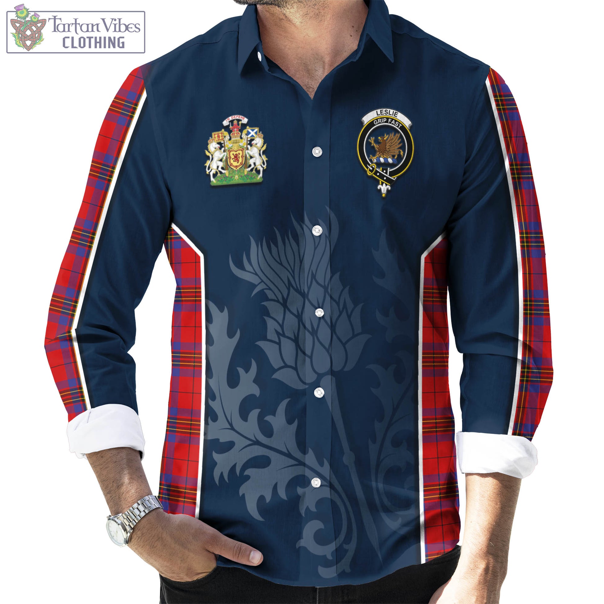 Tartan Vibes Clothing Leslie Modern Tartan Long Sleeve Button Up Shirt with Family Crest and Scottish Thistle Vibes Sport Style