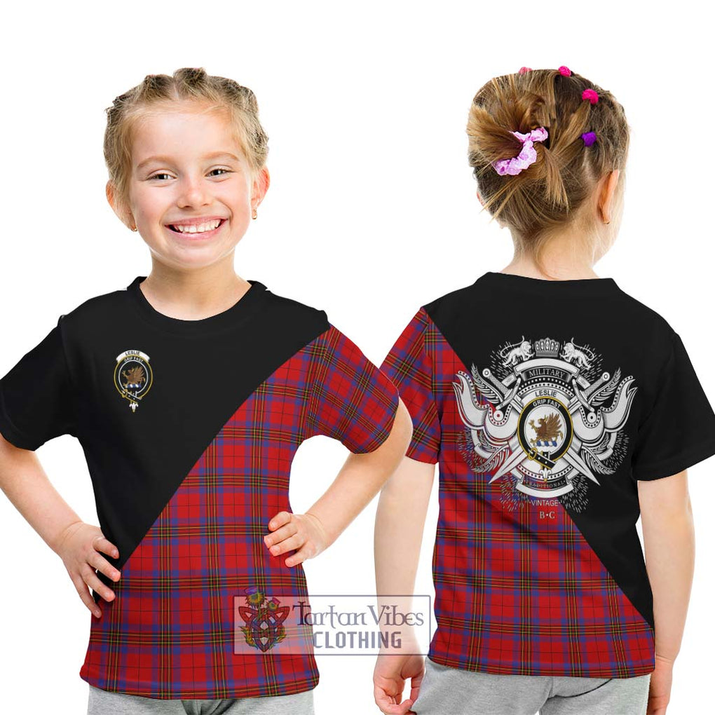Leslie Tartan Kid T-Shirt with Family Crest and Military Logo Style - Tartanvibesclothing Shop