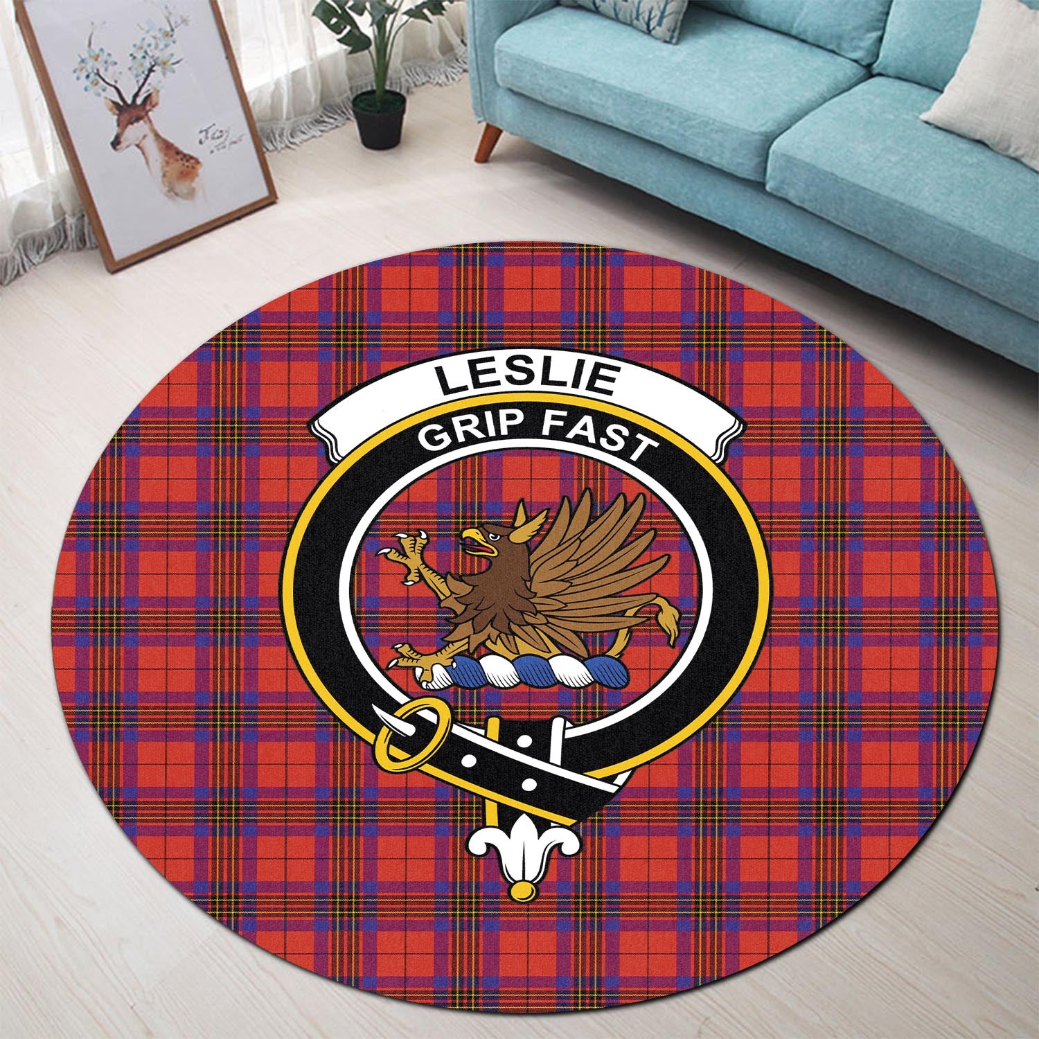 leslie-modern-tartan-round-rug-with-family-crest
