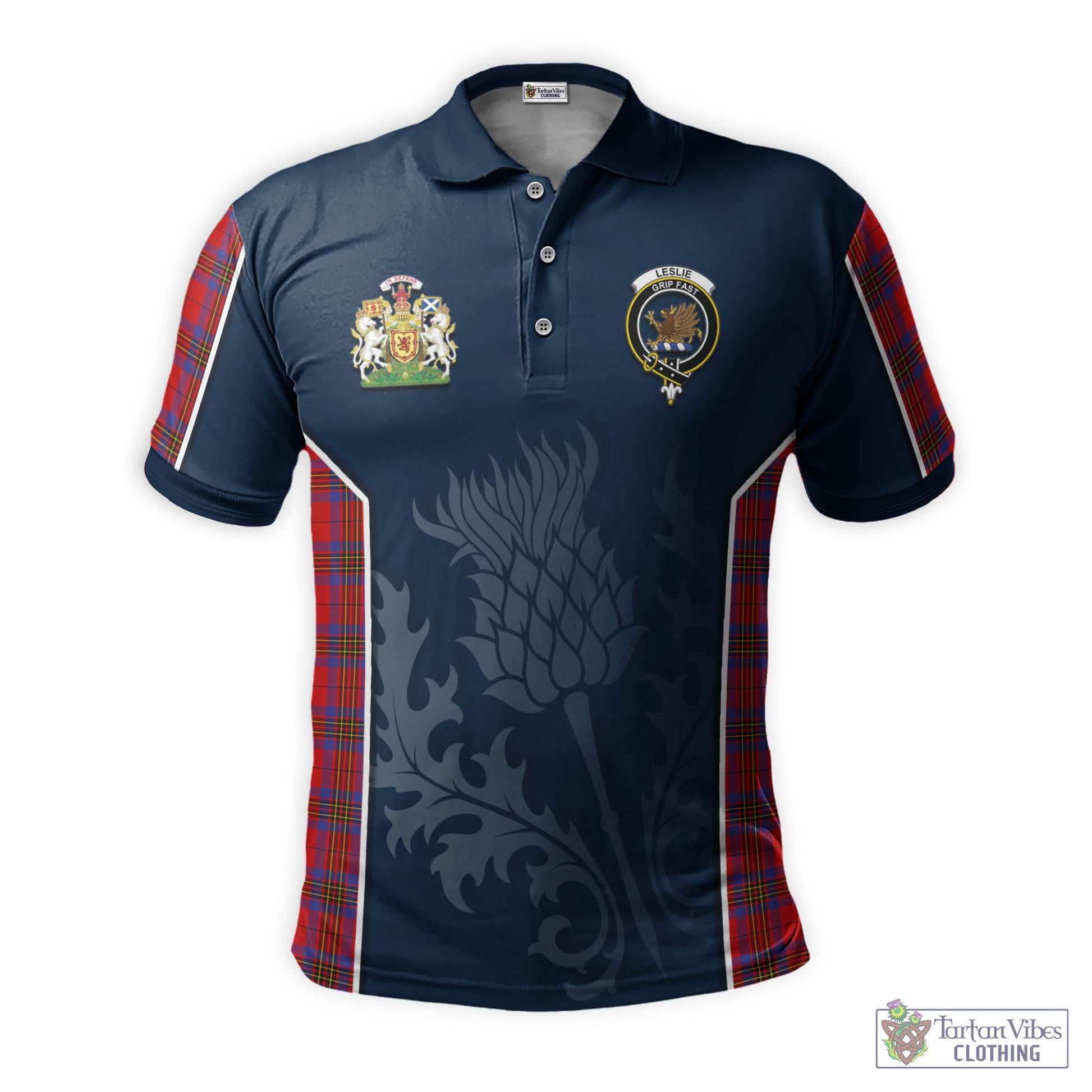 Tartan Vibes Clothing Leslie Modern Tartan Men's Polo Shirt with Family Crest and Scottish Thistle Vibes Sport Style
