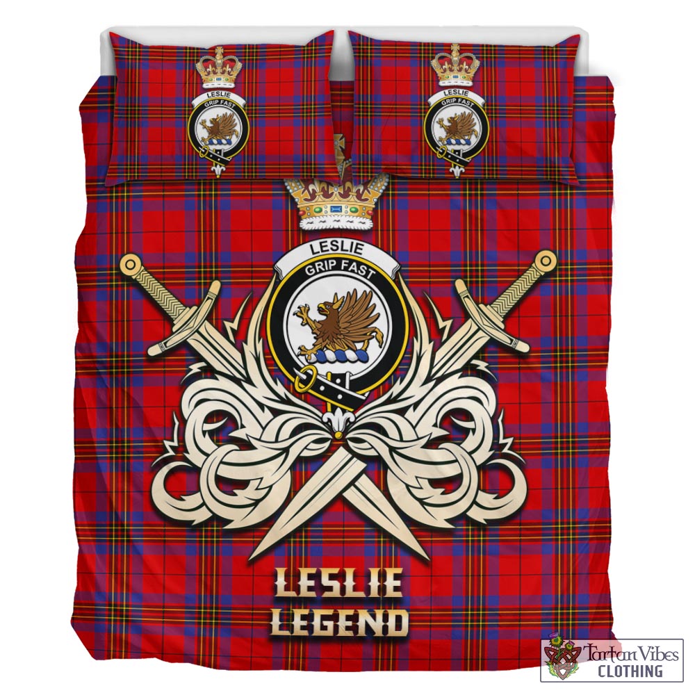 Tartan Vibes Clothing Leslie Modern Tartan Bedding Set with Clan Crest and the Golden Sword of Courageous Legacy