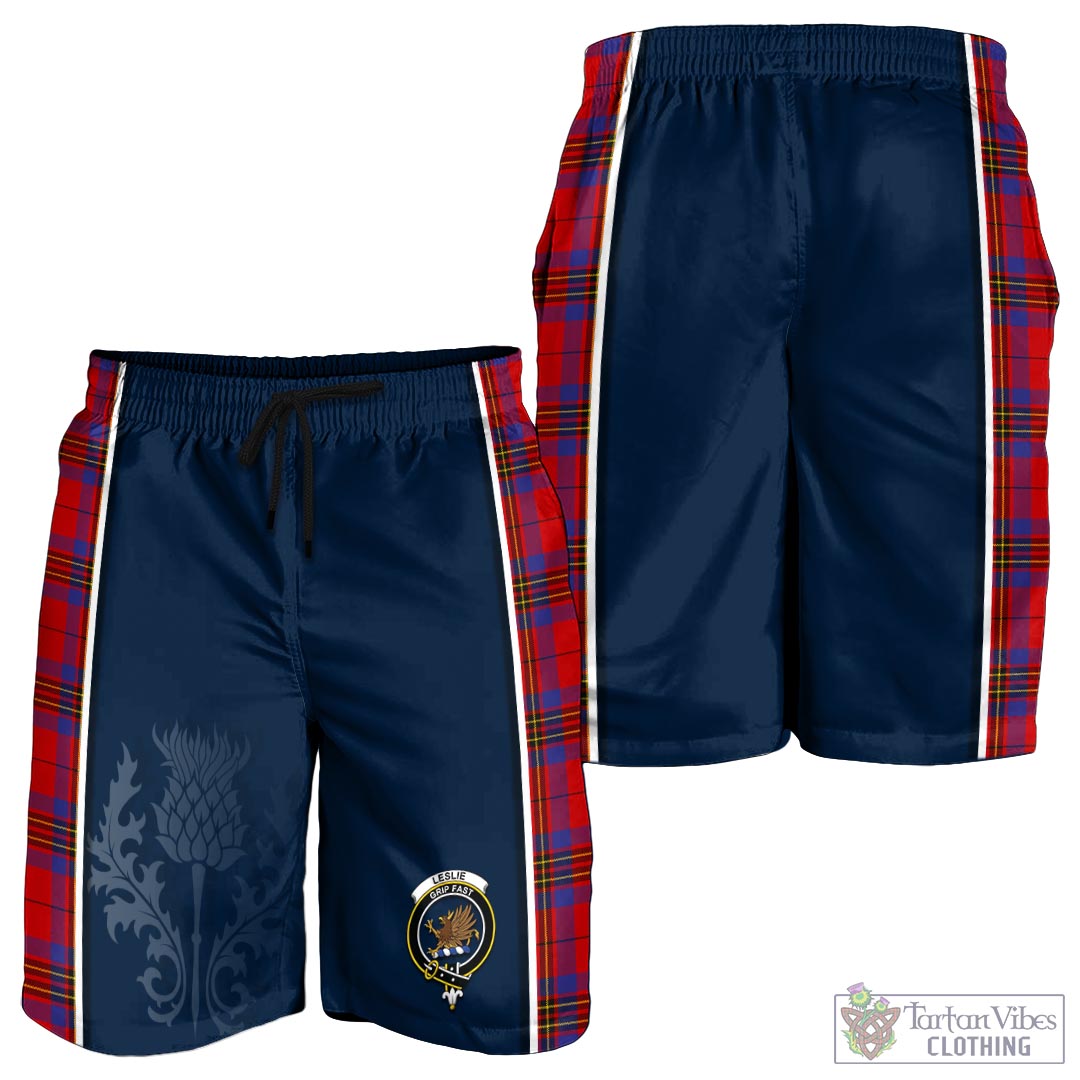 Tartan Vibes Clothing Leslie Modern Tartan Men's Shorts with Family Crest and Scottish Thistle Vibes Sport Style