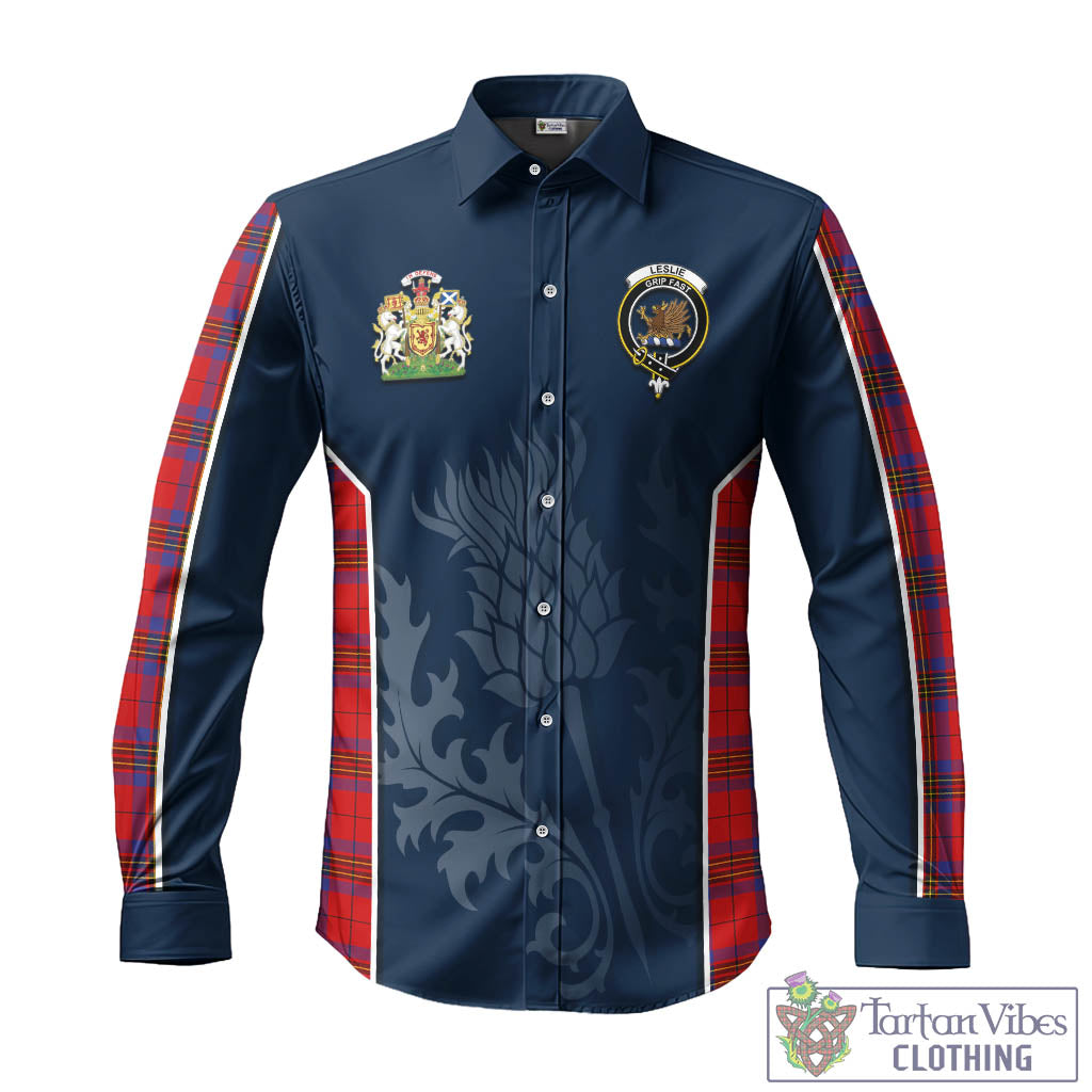 Tartan Vibes Clothing Leslie Modern Tartan Long Sleeve Button Up Shirt with Family Crest and Scottish Thistle Vibes Sport Style