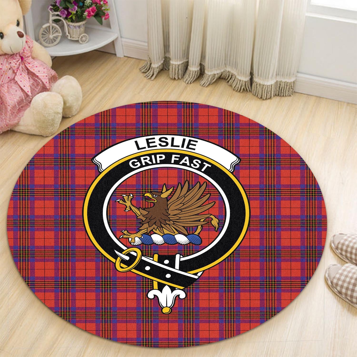 leslie-modern-tartan-round-rug-with-family-crest