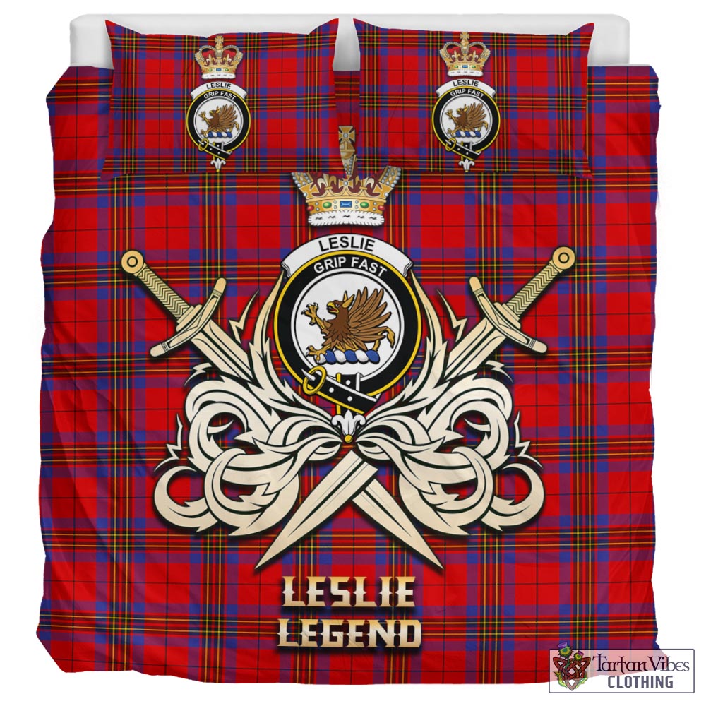 Tartan Vibes Clothing Leslie Modern Tartan Bedding Set with Clan Crest and the Golden Sword of Courageous Legacy