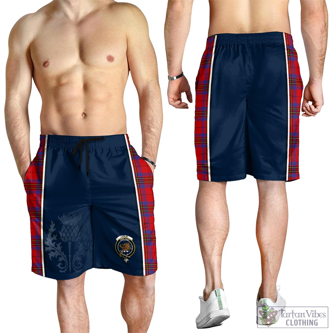 Tartan Vibes Clothing Leslie Modern Tartan Men's Shorts with Family Crest and Scottish Thistle Vibes Sport Style