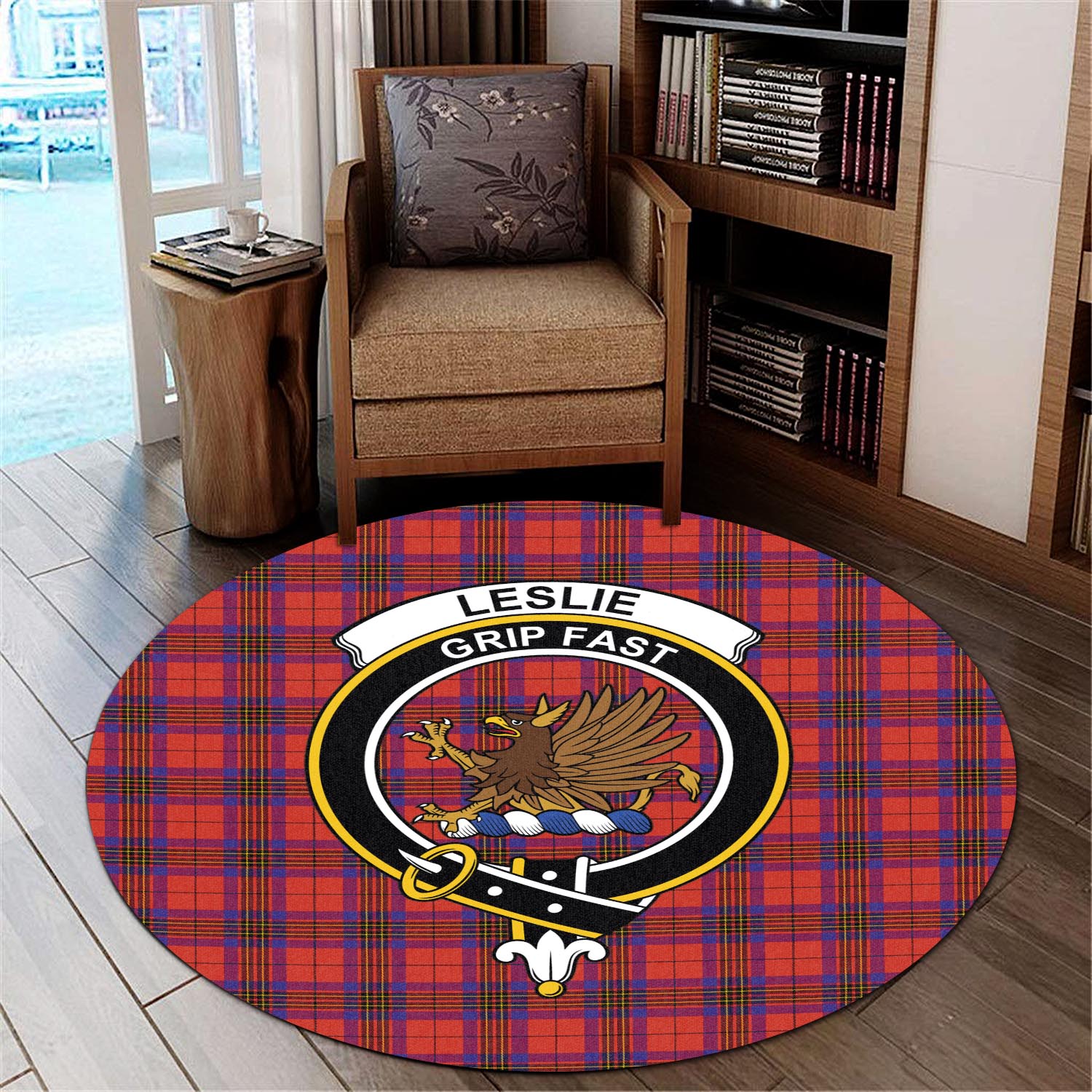 leslie-modern-tartan-round-rug-with-family-crest