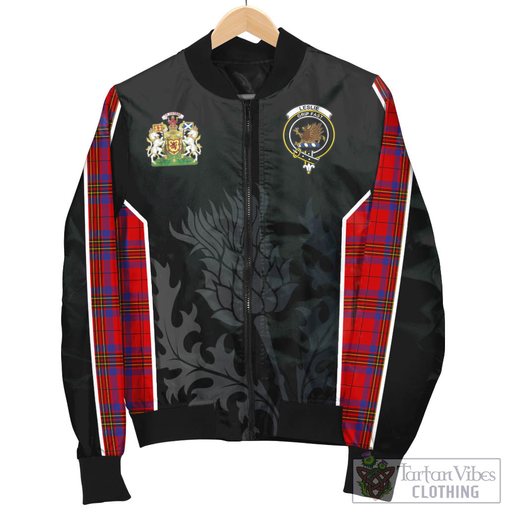 Tartan Vibes Clothing Leslie Modern Tartan Bomber Jacket with Family Crest and Scottish Thistle Vibes Sport Style
