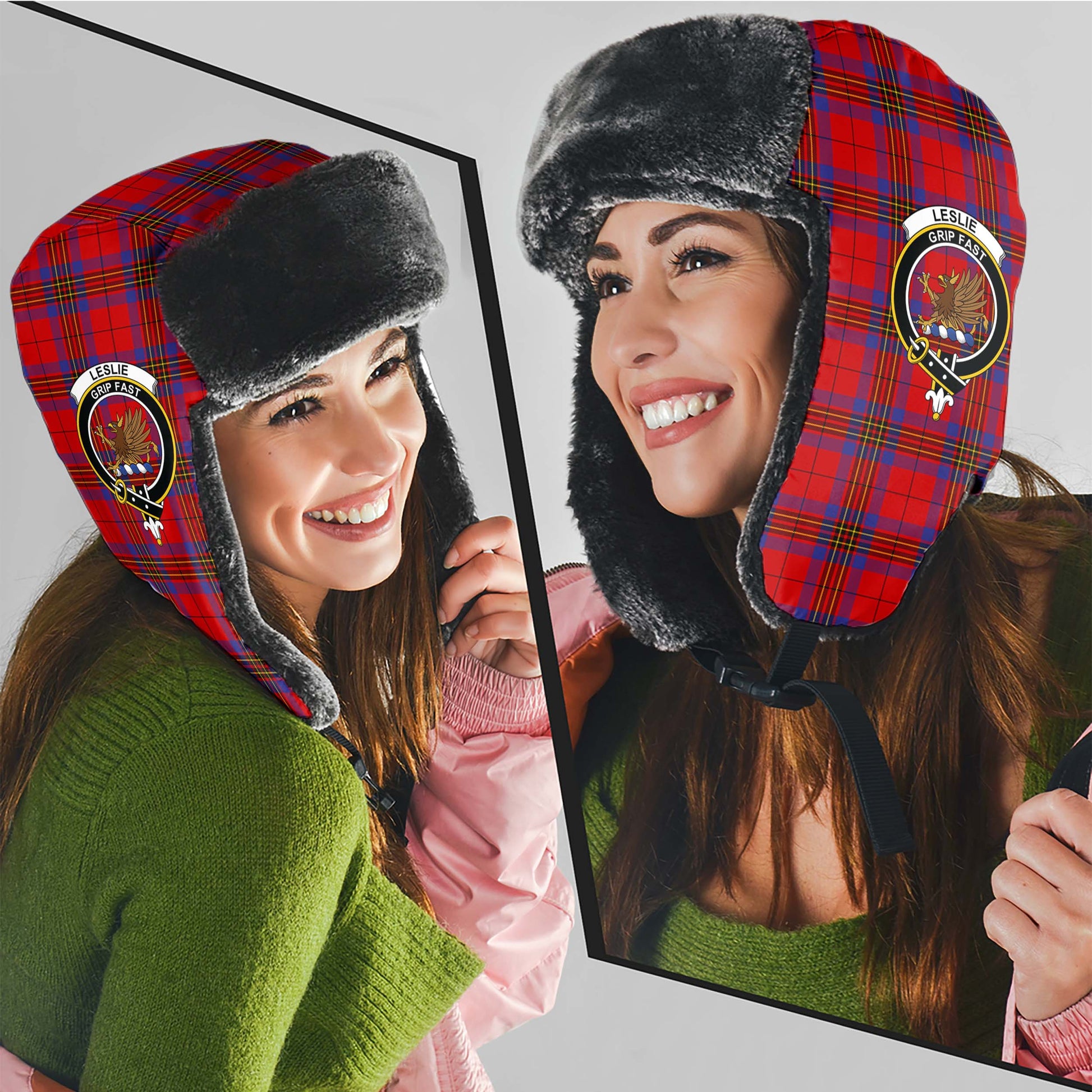 Leslie Modern Tartan Winter Trapper Hat with Family Crest - Tartanvibesclothing