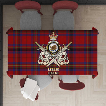Leslie Red Tartan Tablecloth with Clan Crest and the Golden Sword of Courageous Legacy