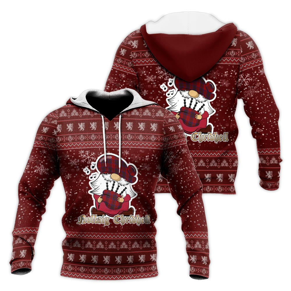 Leslie Red Clan Christmas Knitted Hoodie with Funny Gnome Playing Bagpipes Red - Tartanvibesclothing