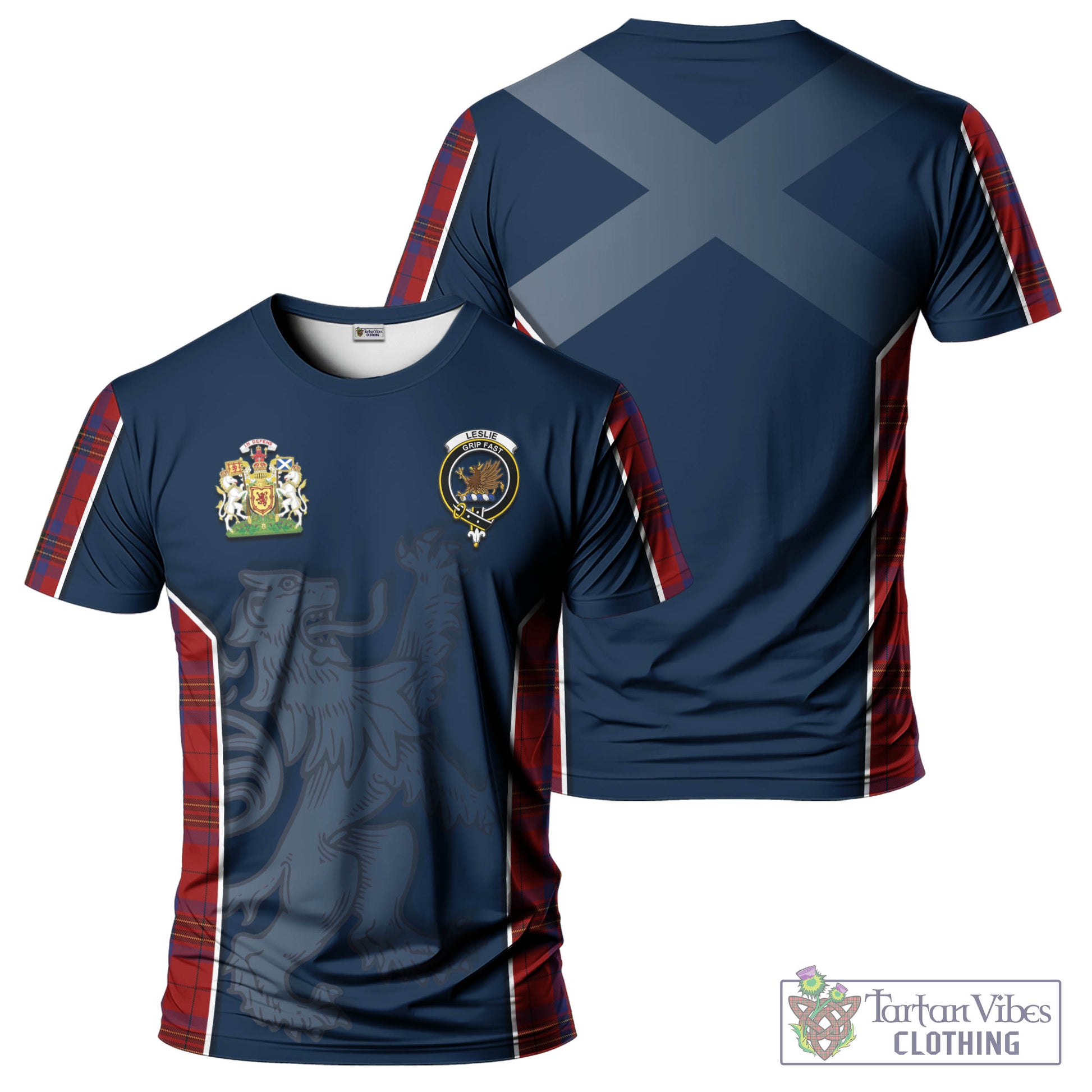 Tartan Vibes Clothing Leslie Red Tartan T-Shirt with Family Crest and Lion Rampant Vibes Sport Style