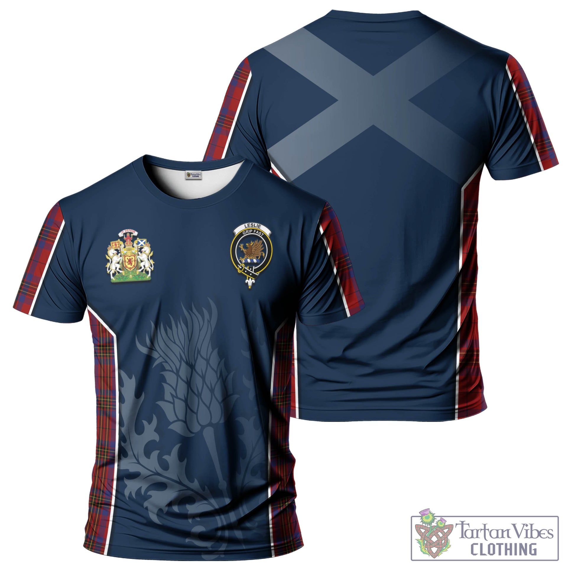 Tartan Vibes Clothing Leslie Red Tartan T-Shirt with Family Crest and Scottish Thistle Vibes Sport Style