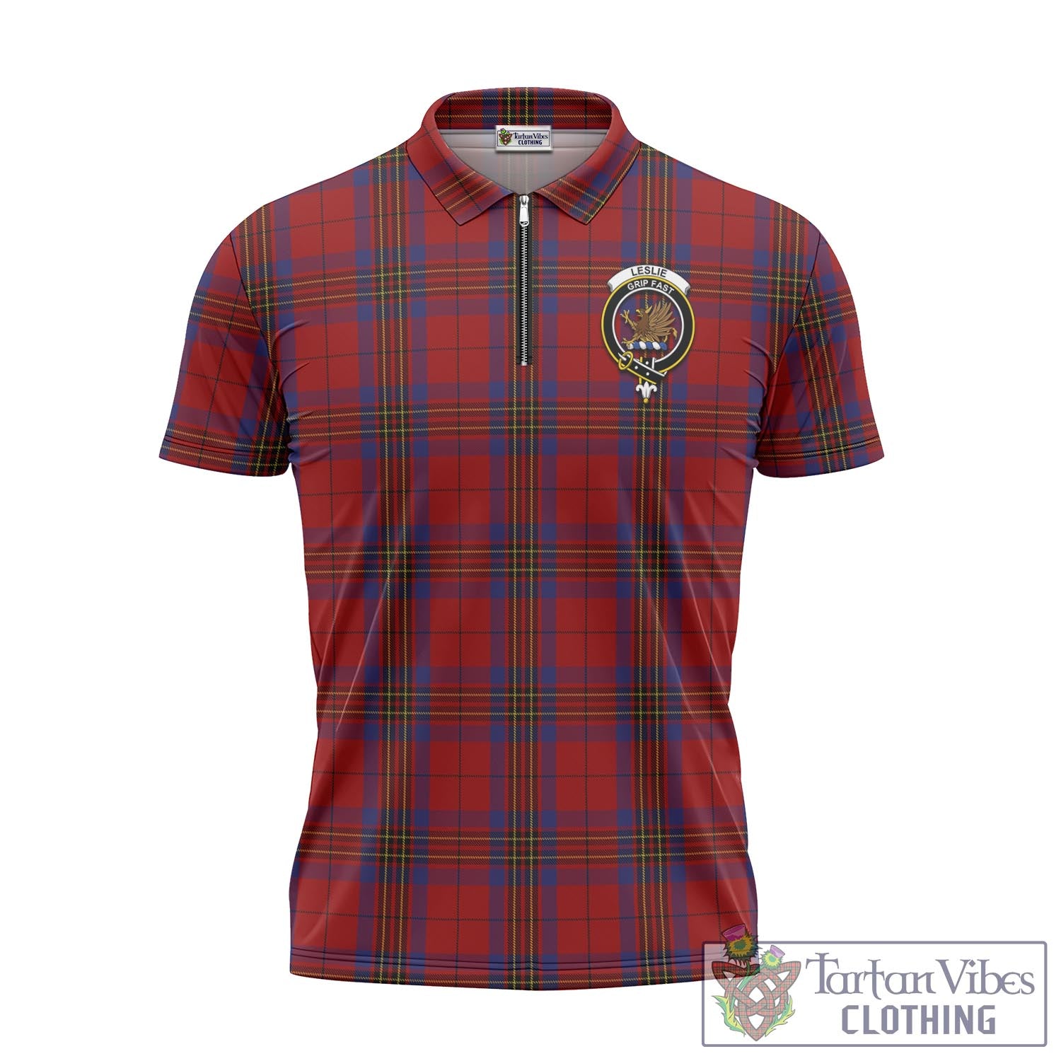 Tartan Vibes Clothing Leslie Red Tartan Zipper Polo Shirt with Family Crest