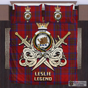 Leslie Red Tartan Bedding Set with Clan Crest and the Golden Sword of Courageous Legacy