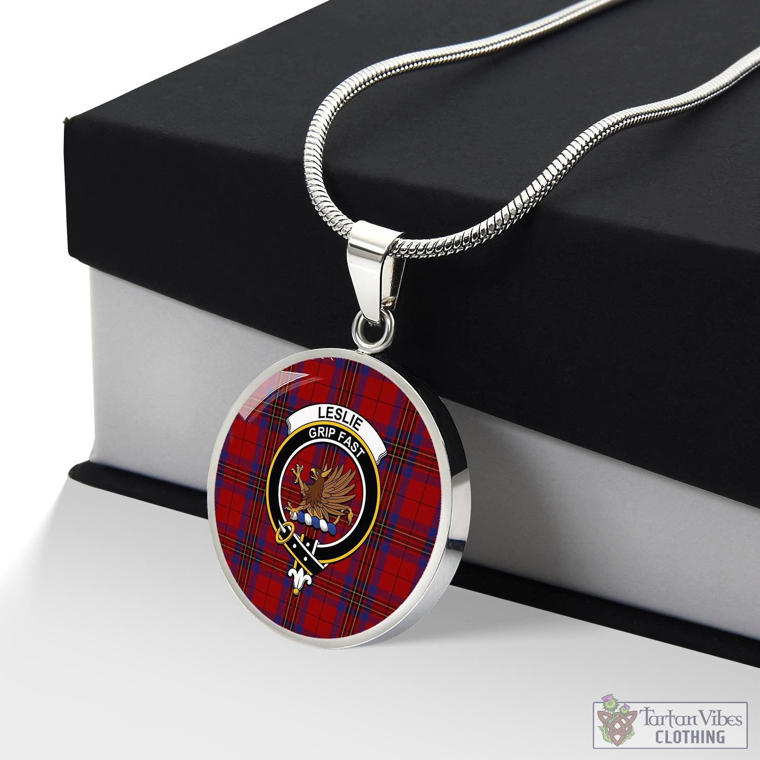 Tartan Vibes Clothing Leslie Red Tartan Circle Necklace with Family Crest