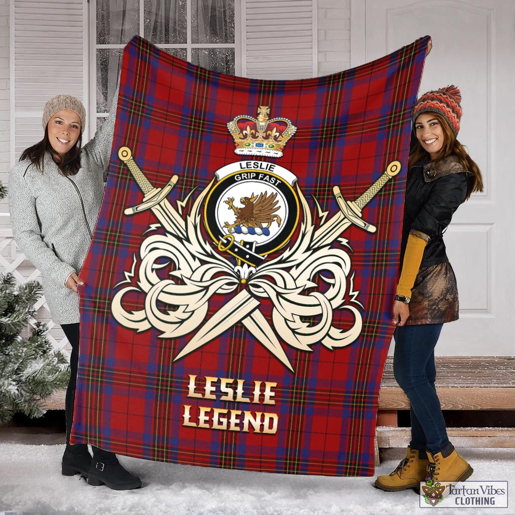 Tartan Vibes Clothing Leslie Red Tartan Blanket with Clan Crest and the Golden Sword of Courageous Legacy
