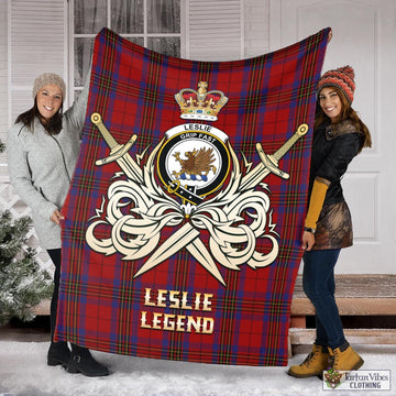 Leslie Red Tartan Blanket with Clan Crest and the Golden Sword of Courageous Legacy