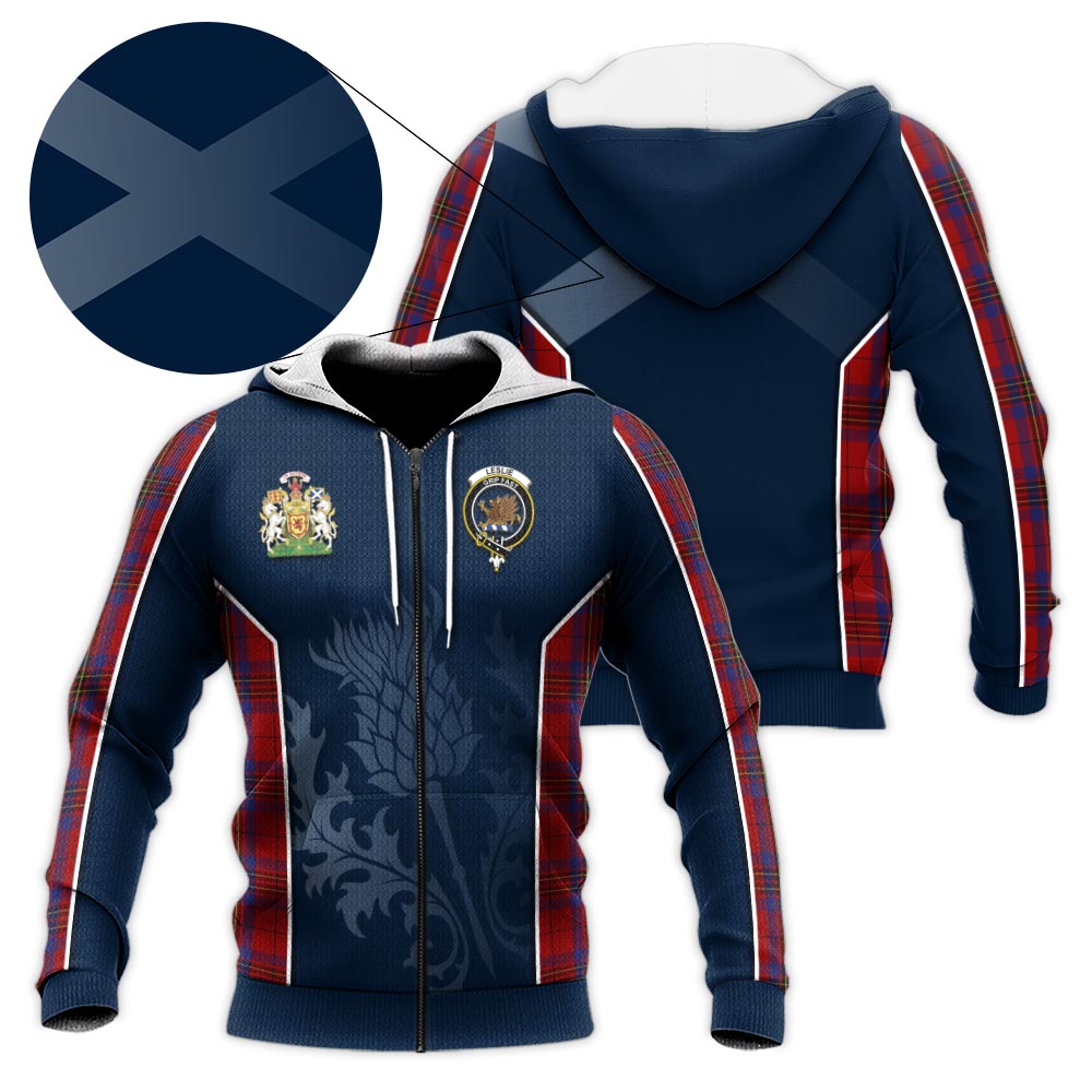 Tartan Vibes Clothing Leslie Red Tartan Knitted Hoodie with Family Crest and Scottish Thistle Vibes Sport Style