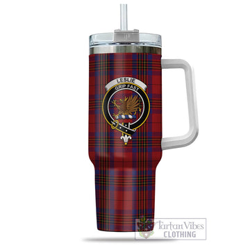 Leslie Red Tartan and Family Crest Tumbler with Handle