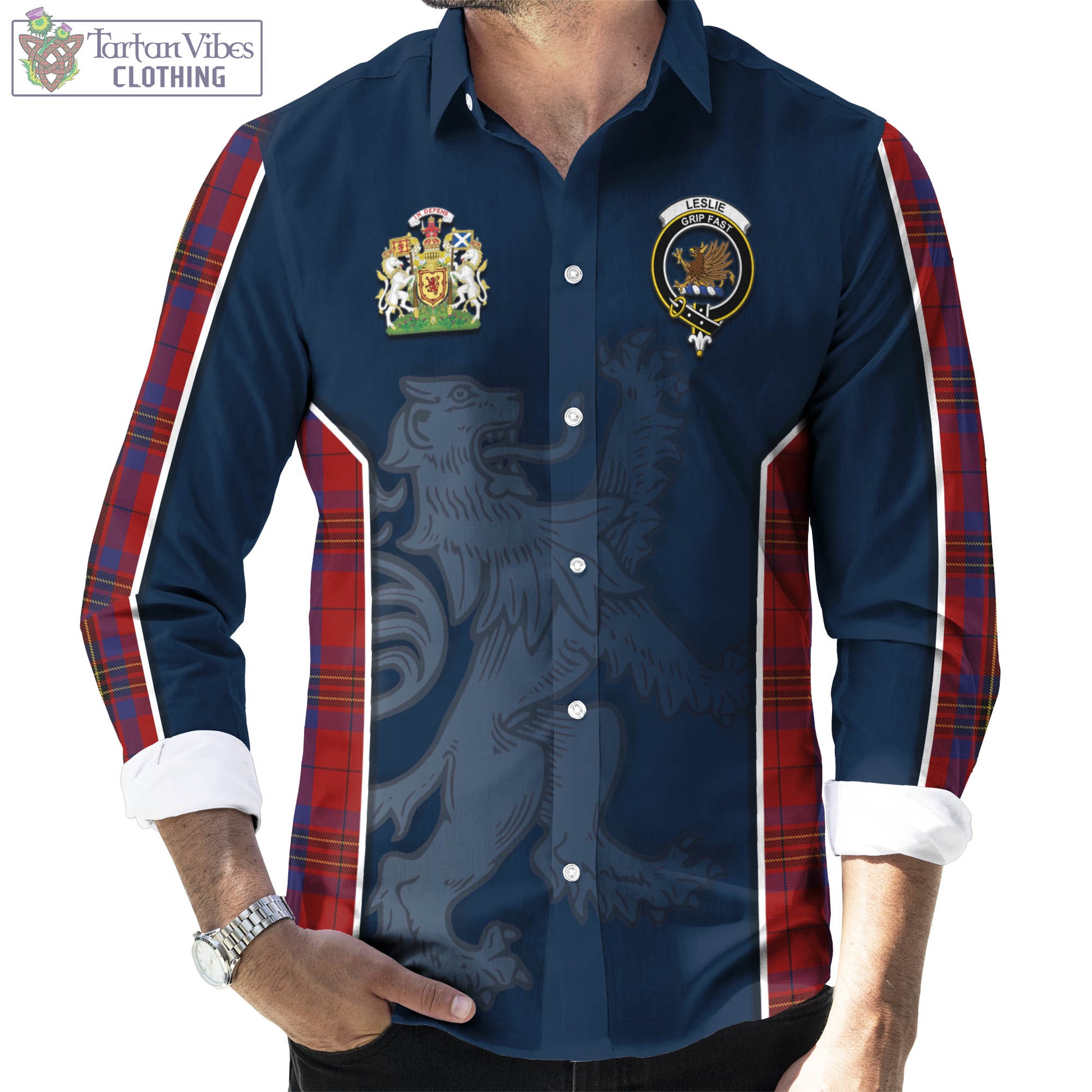 Tartan Vibes Clothing Leslie Red Tartan Long Sleeve Button Up Shirt with Family Crest and Lion Rampant Vibes Sport Style