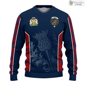Leslie Red Tartan Knitted Sweatshirt with Family Crest and Scottish Thistle Vibes Sport Style