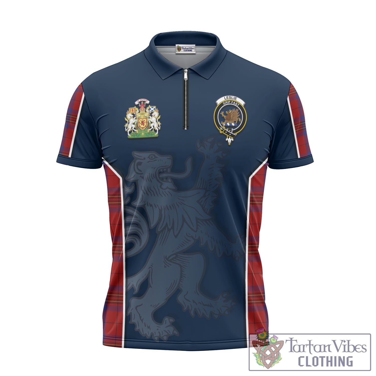 Tartan Vibes Clothing Leslie Red Tartan Zipper Polo Shirt with Family Crest and Lion Rampant Vibes Sport Style