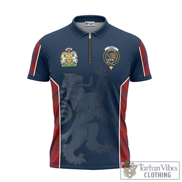 Leslie Red Tartan Zipper Polo Shirt with Family Crest and Lion Rampant Vibes Sport Style