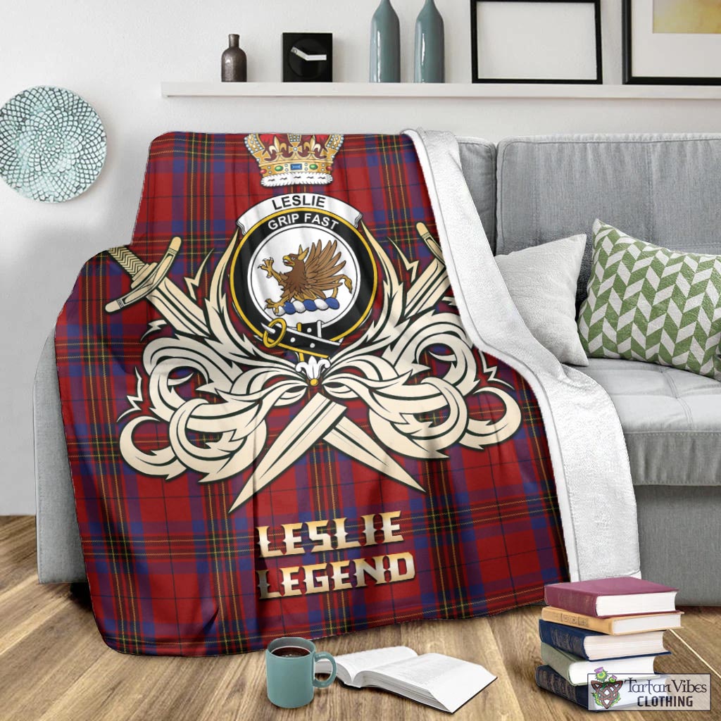 Tartan Vibes Clothing Leslie Red Tartan Blanket with Clan Crest and the Golden Sword of Courageous Legacy