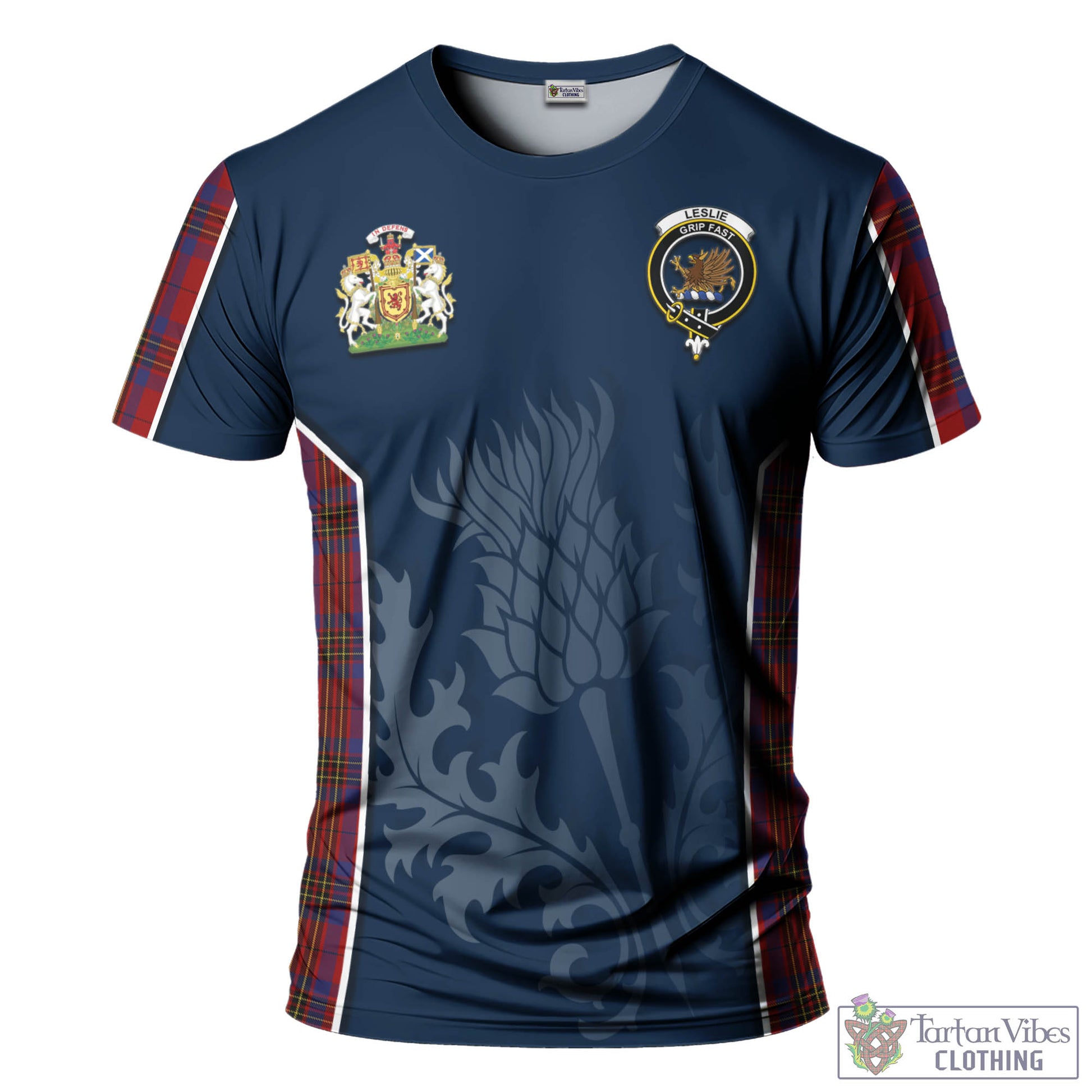Tartan Vibes Clothing Leslie Red Tartan T-Shirt with Family Crest and Scottish Thistle Vibes Sport Style